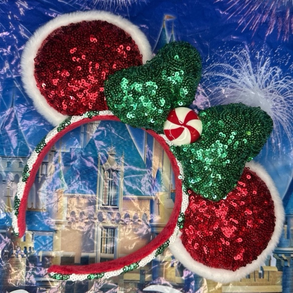 Disney parks holiday Christmas peppermint fur lined Minnie Mouse ears